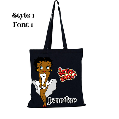 Personalized Afro American Betty Boop Black Canvas Tote Bag Gift for Her Custom Afro American