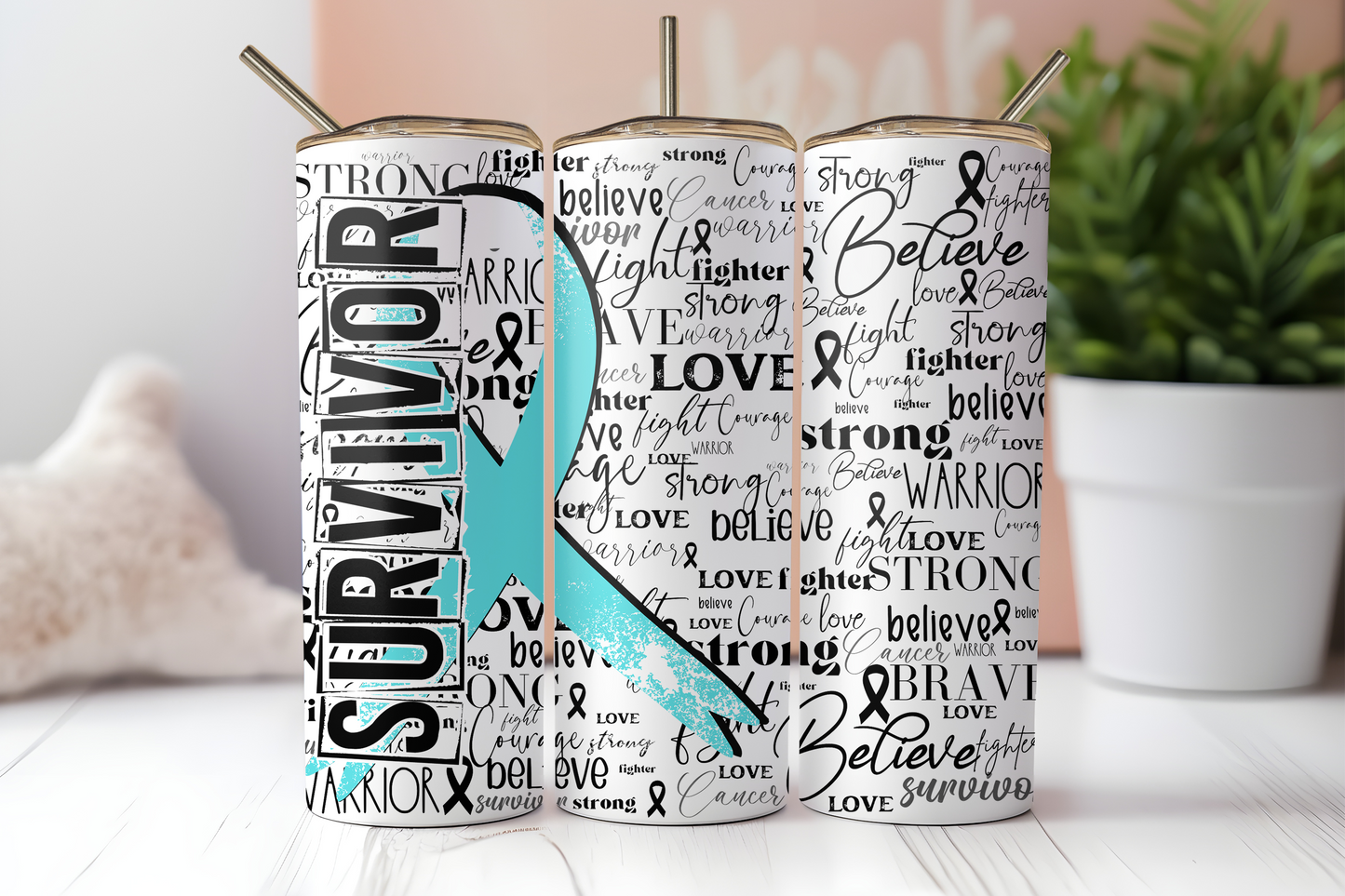 Teal and White Survivor Ribbon Tumbler