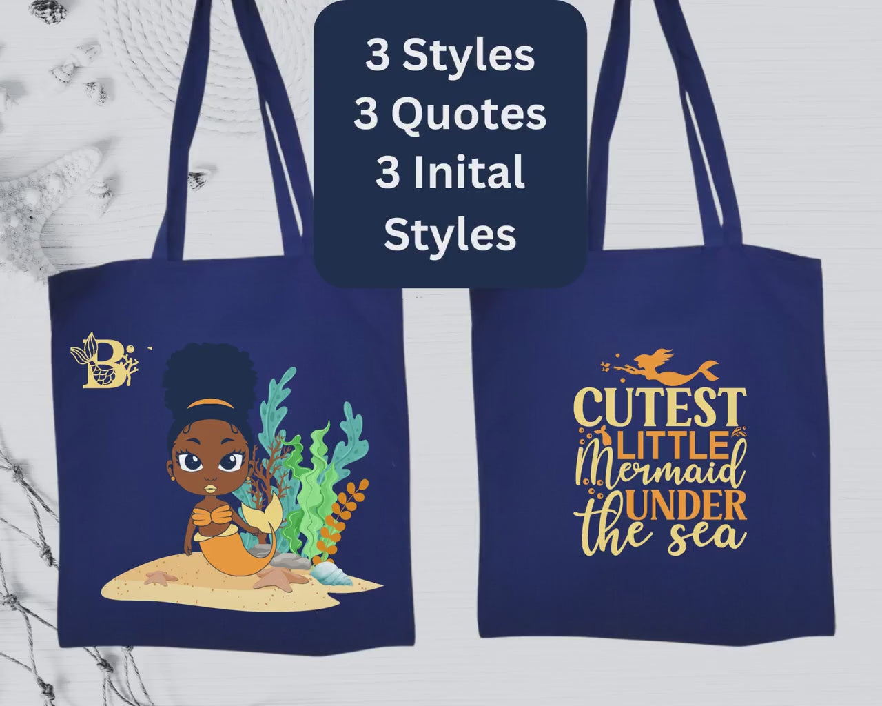 Personalized Black Little Mermaid Tote Bag Custom Mermaid  Navy Blue Tote Bag for Gift Tote Bag for Her