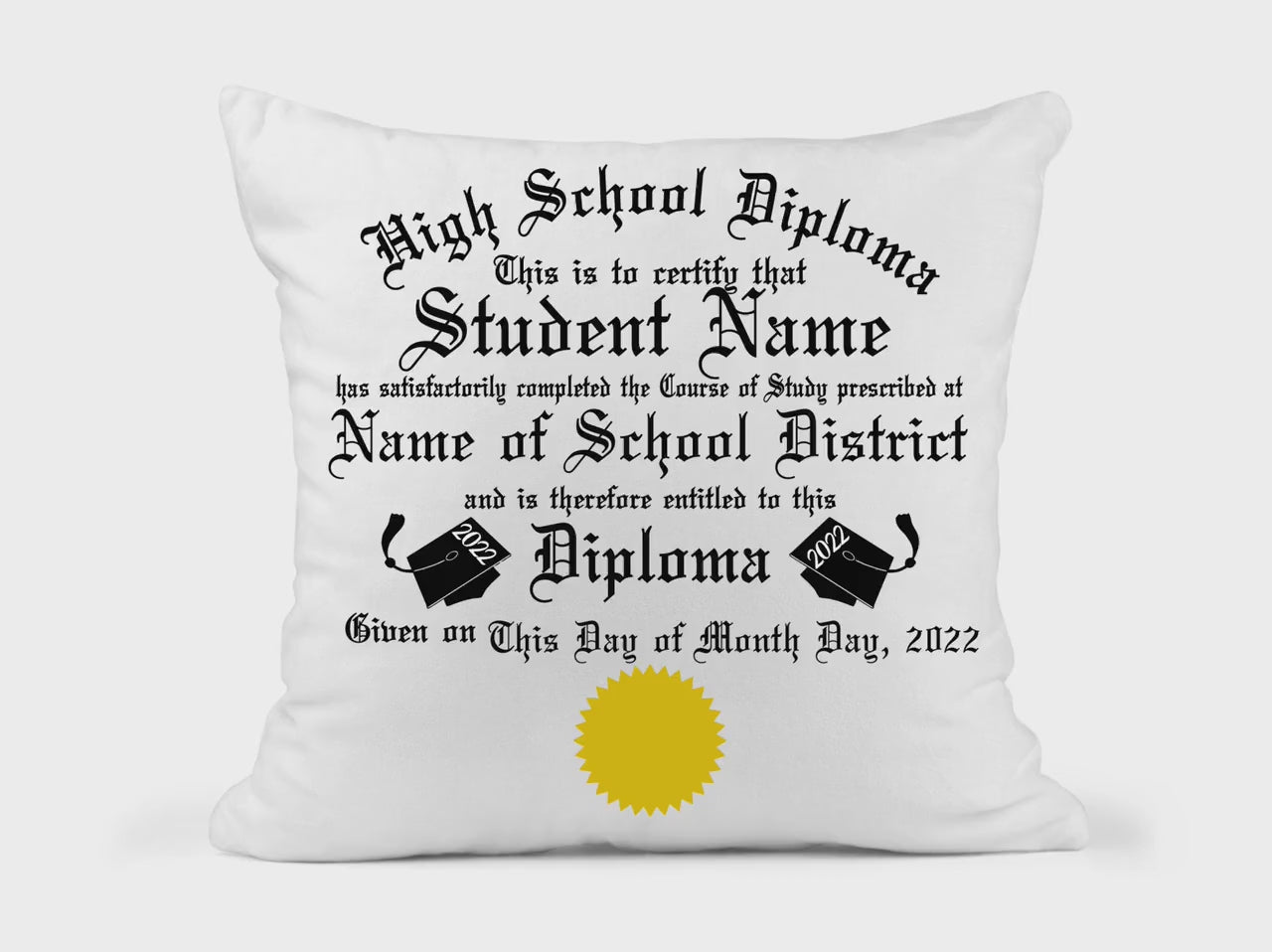 Personalized Diploma Throw Pillow Graduation Gift Pink, Orange, Red, Black, Purple, Blue, and Yellow