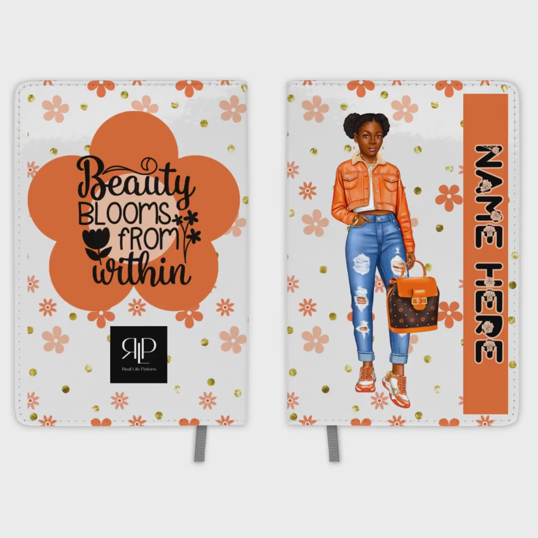 Personalized Journal Set for Black Teen Girls with Orange Flower Print with Pony Tails