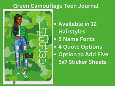 Personalized Green Journal for Teenage Girls Who Loves Camouflage Custom Gift for Black Teen Girls