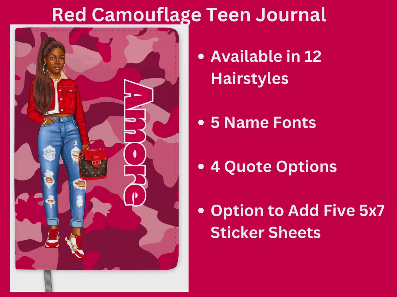 Personalized Red Journal for Teenage Girls Who Love Camouflage Custom Gift for Black Teen Girls