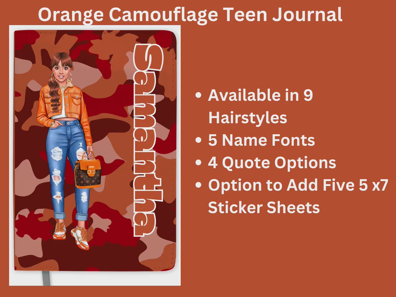 Personalized Orange Journal for Teenage Girls Who Love Camouflage Custom Gift for Teen Girls