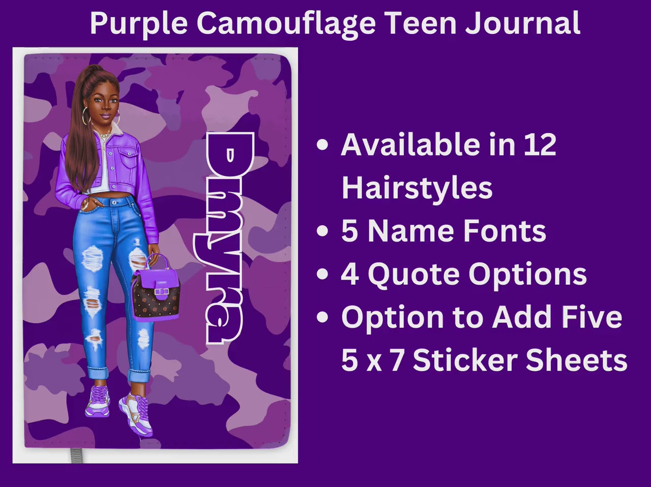Personalized Purple Journal for Teenage Girls Who Love Camouflage Custom Gift for Black Teen Girls