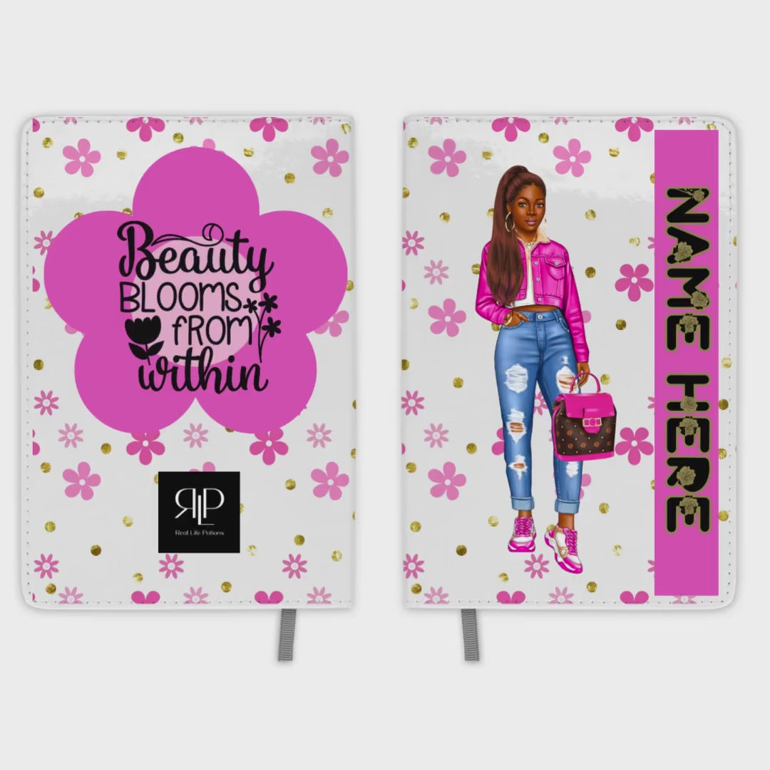 Personalized Journal Set for Black Teen Girls with Pink Flower Print with Pony Tails