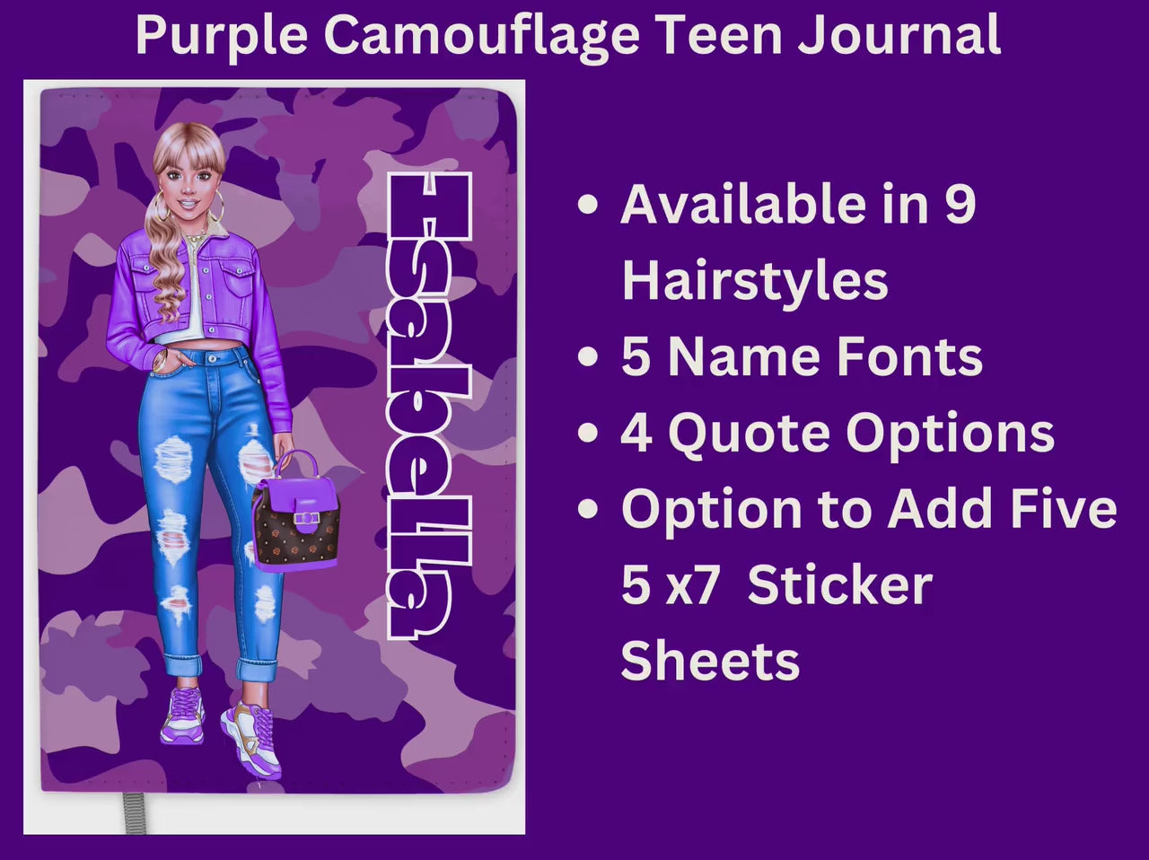 Personalized Purple Journal for Teenage Girls Who Love Camouflage Custom Gift for Teen Girls
