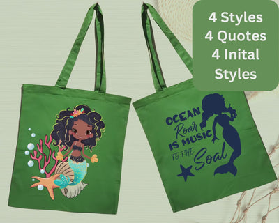 Personalized Black Little Mermaid Tote Bag Custom Mermaid  Green Tote Bag Gift for Mermaid for Her Personalized Mermaid Green Tote Bag