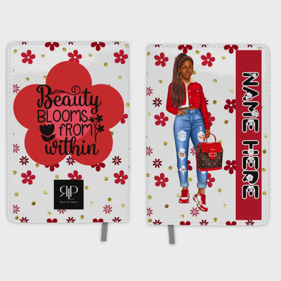 Personalized Journal Set for Black Teen Girls with Red Flower Print with Pony Tails