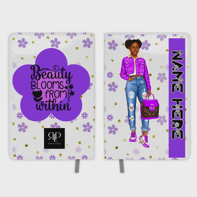 Personalized Journal Set for Black Teen Girls with Purple Flower Print with Pony Tails