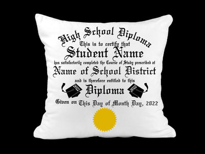 Personalized Diploma Throw Pillow Graduation Gift Pink, Orange, Red, Black, Purple, Blue, and Yellow