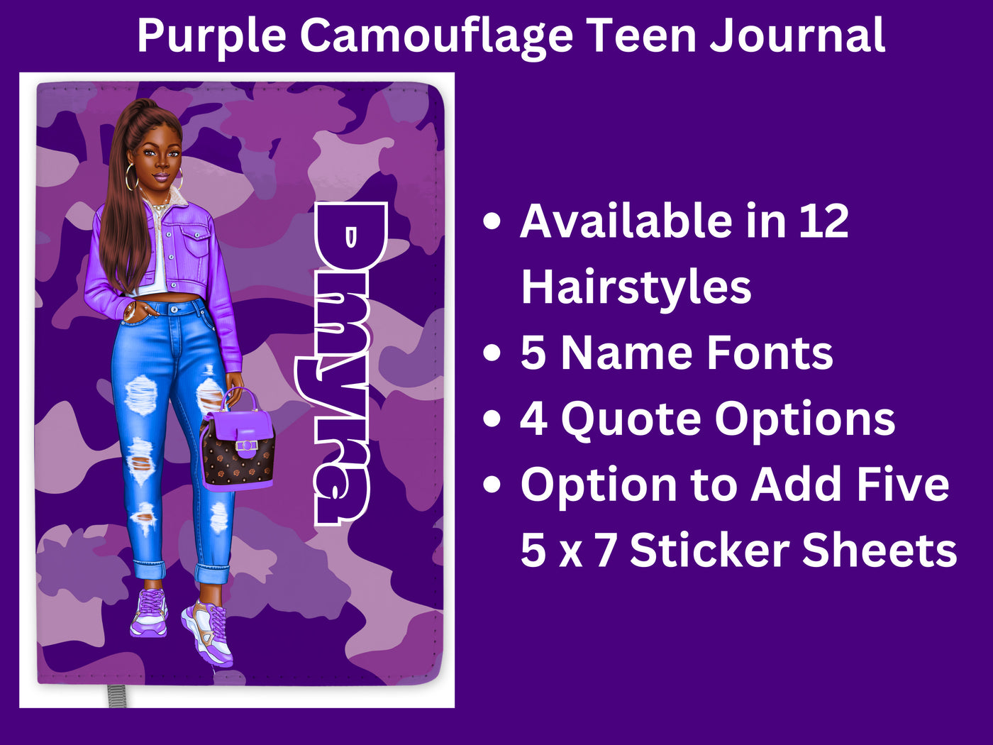 Personalized Purple Journal for Teenage Girls Who Love Camouflage Custom Gift for Black Teen Girls