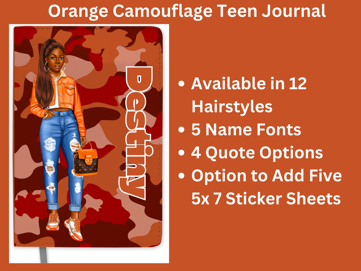 Personalized Orange Journal for Teenage Girls Who Love Camouflage Custom Gift for Black Teen Girls