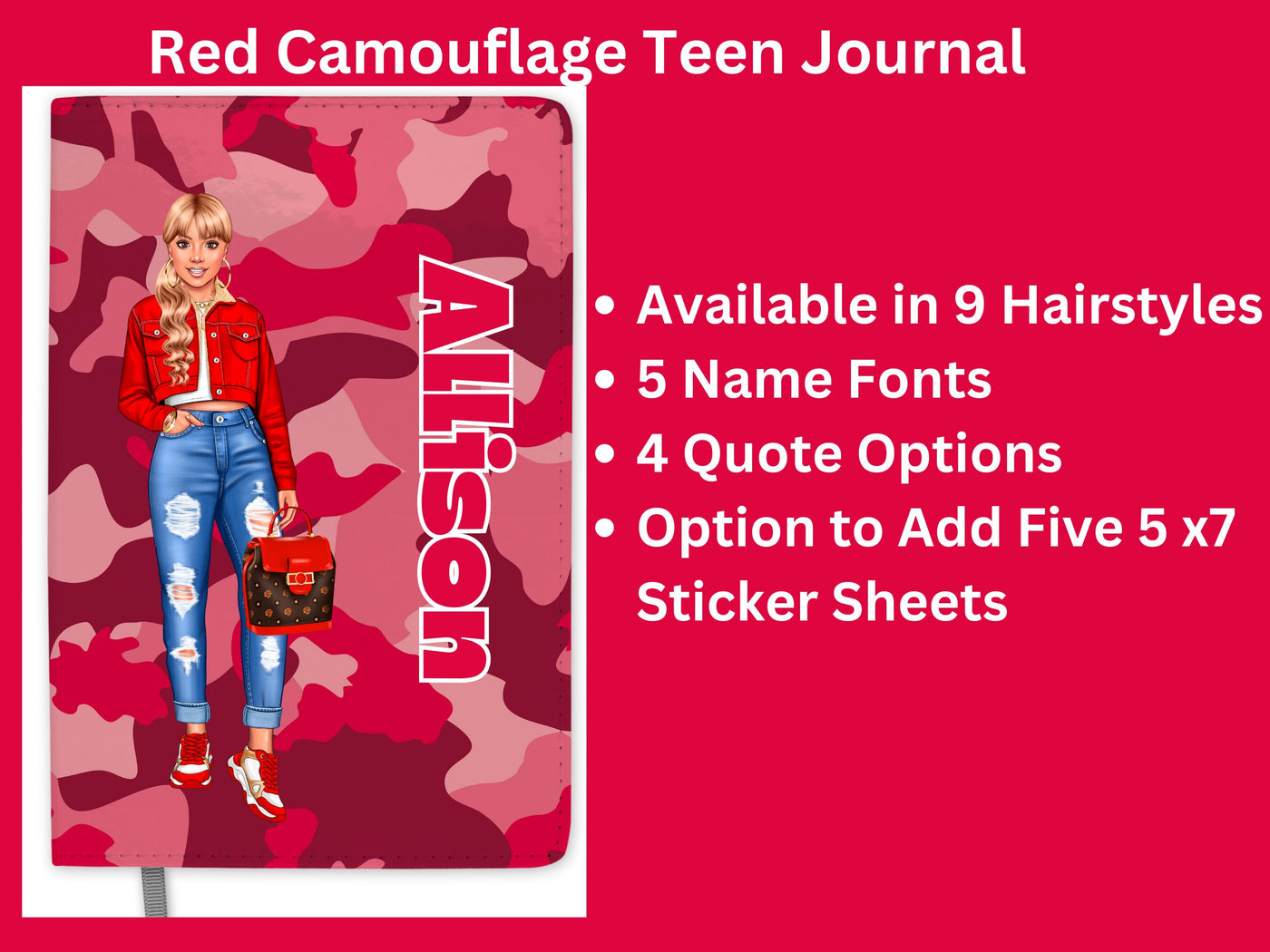 Personalized Red Journal for Teenage Girls Who Love Camouflage Custom Gift for Teen Girls