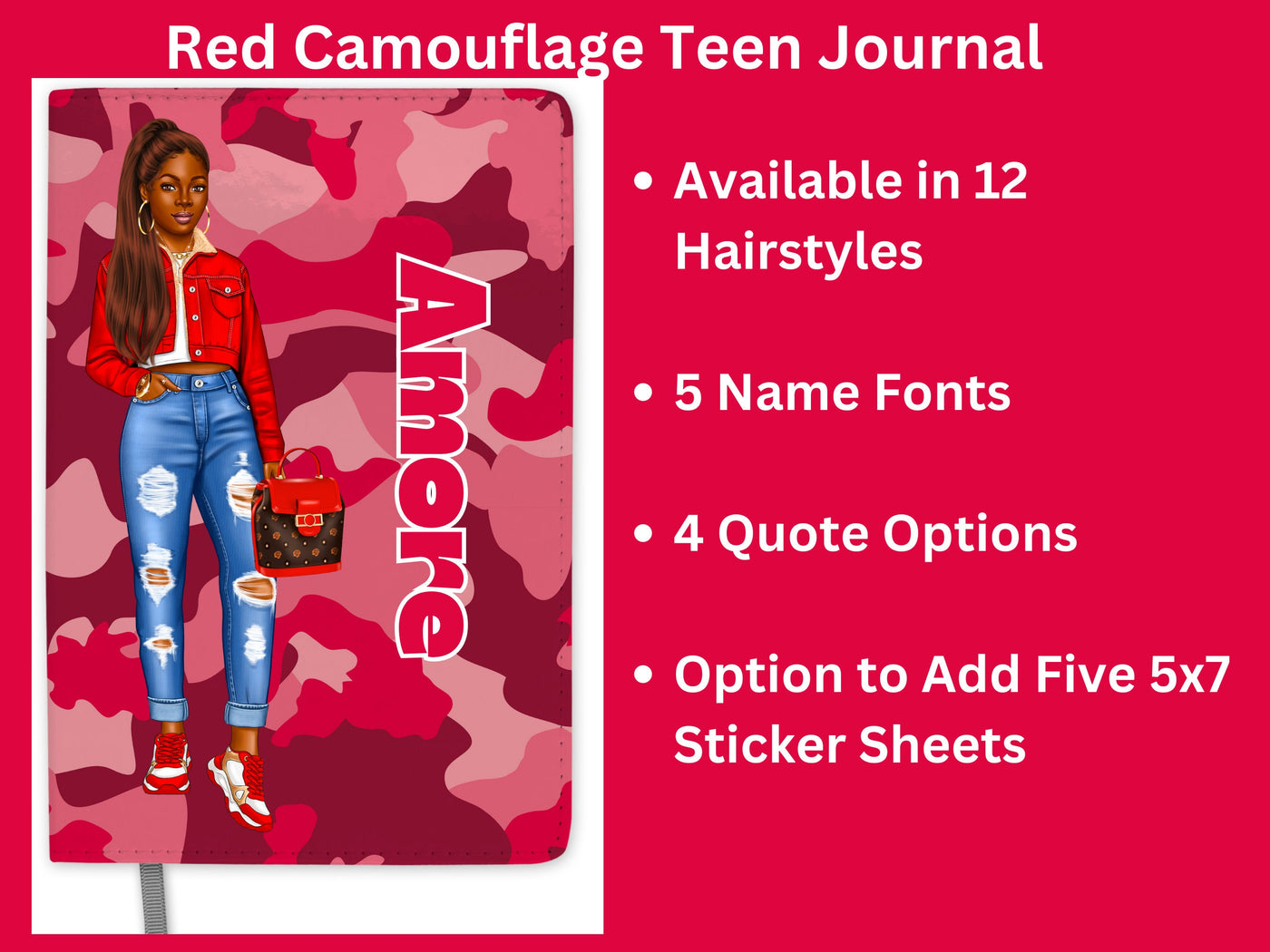 Personalized Red Journal for Teenage Girls Who Love Camouflage Custom Gift for Black Teen Girls