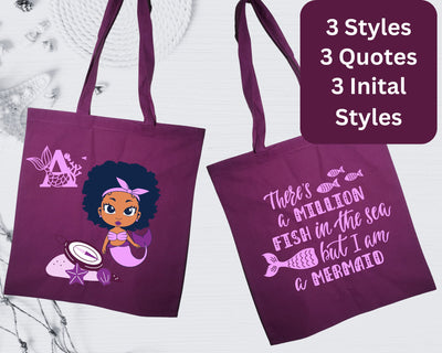 Personalized Black Little Mermaid Tote Bag Custom Mermaid Purple Tote Bag for Gift Tote Bag for Her