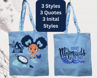 Personalized Black Little Mermaid Tote Bag Custom Mermaid Light Blue Tote Bag for Gift Tote Bag for Her