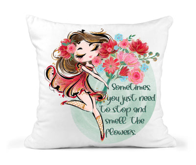 Personalized Throw Pillow Girl Stopping to smell the flowers Hand Drawn
