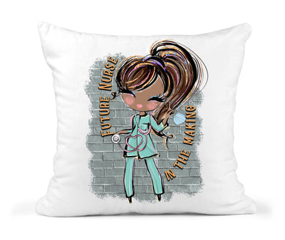 Personalized Black Student Nurse Throw Pillow Hand Drawn in Green Scrubs