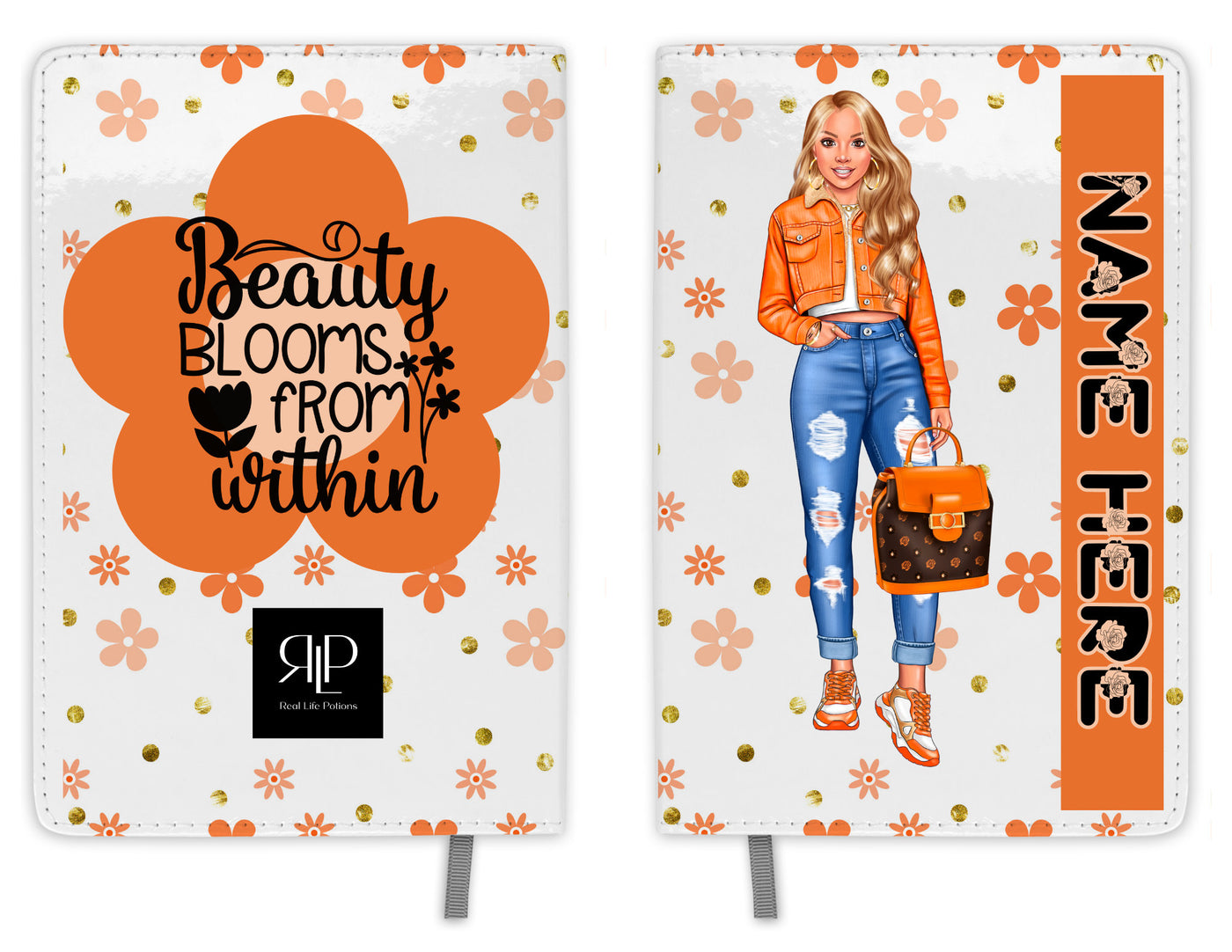 Personalized Journal Set for Teen Girls with Orange Flower Print Stay Organized in Style