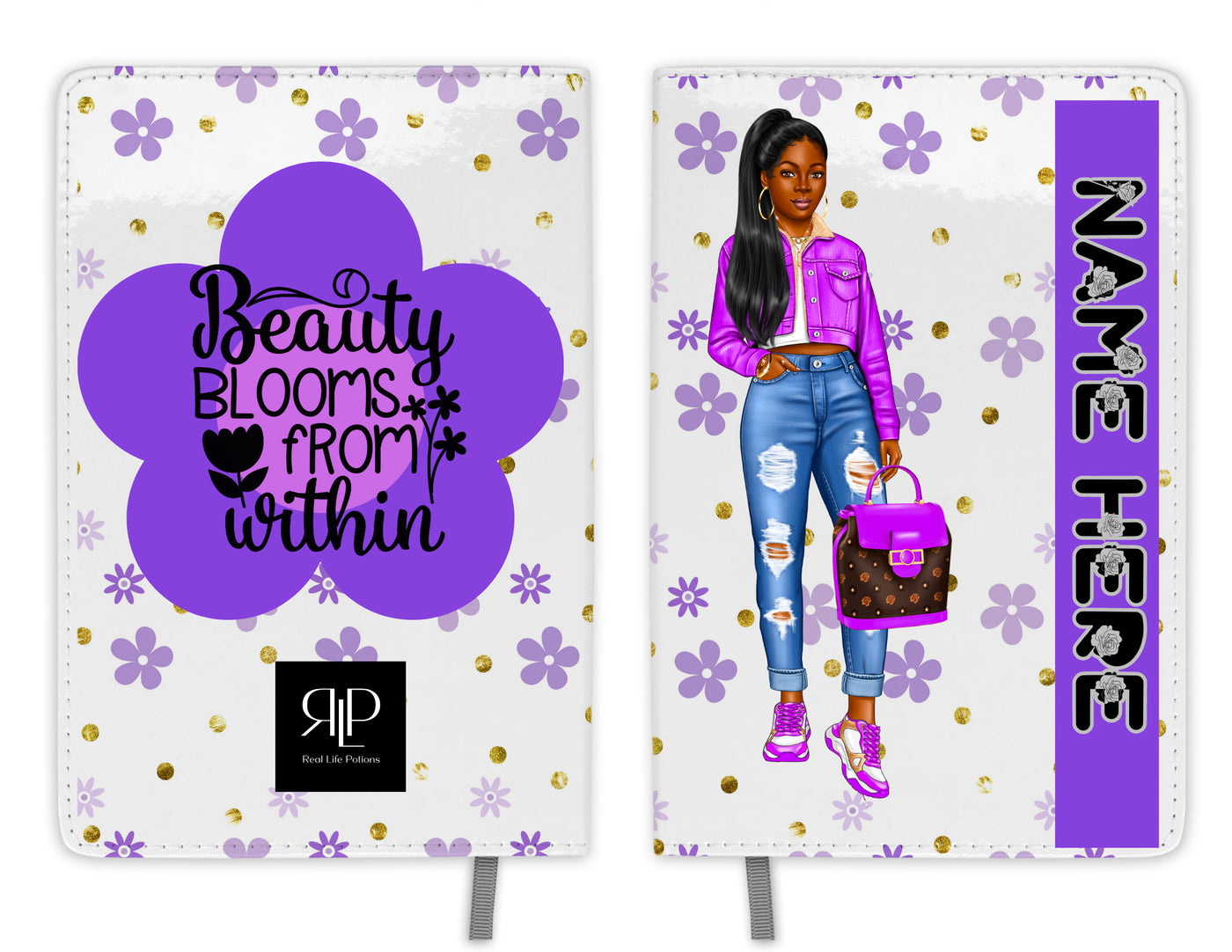 Personalized Journal Set for Black Teen Girls with Purple Flower Print with Pony Tails