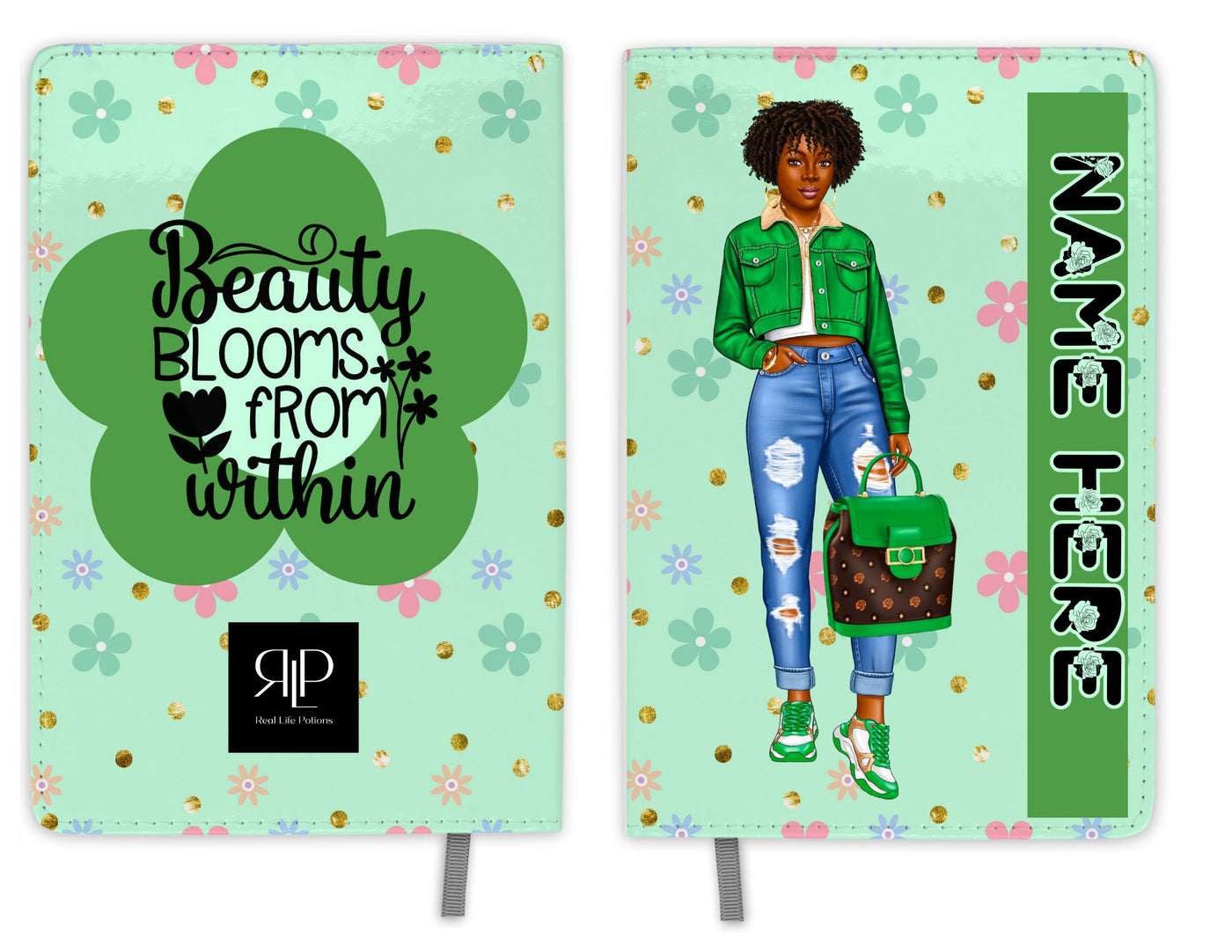 Personalized Journal Set for Black Teen Girls with Green Flower Print Stay Organized in Style