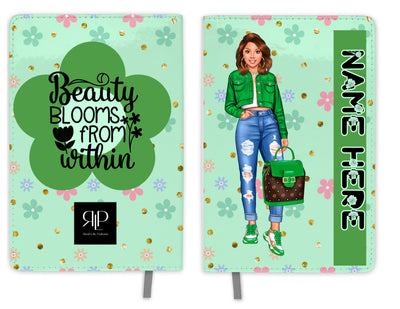 Personalized Journal Set for Teen Girls with Green Flower Print Stay Organized in Style