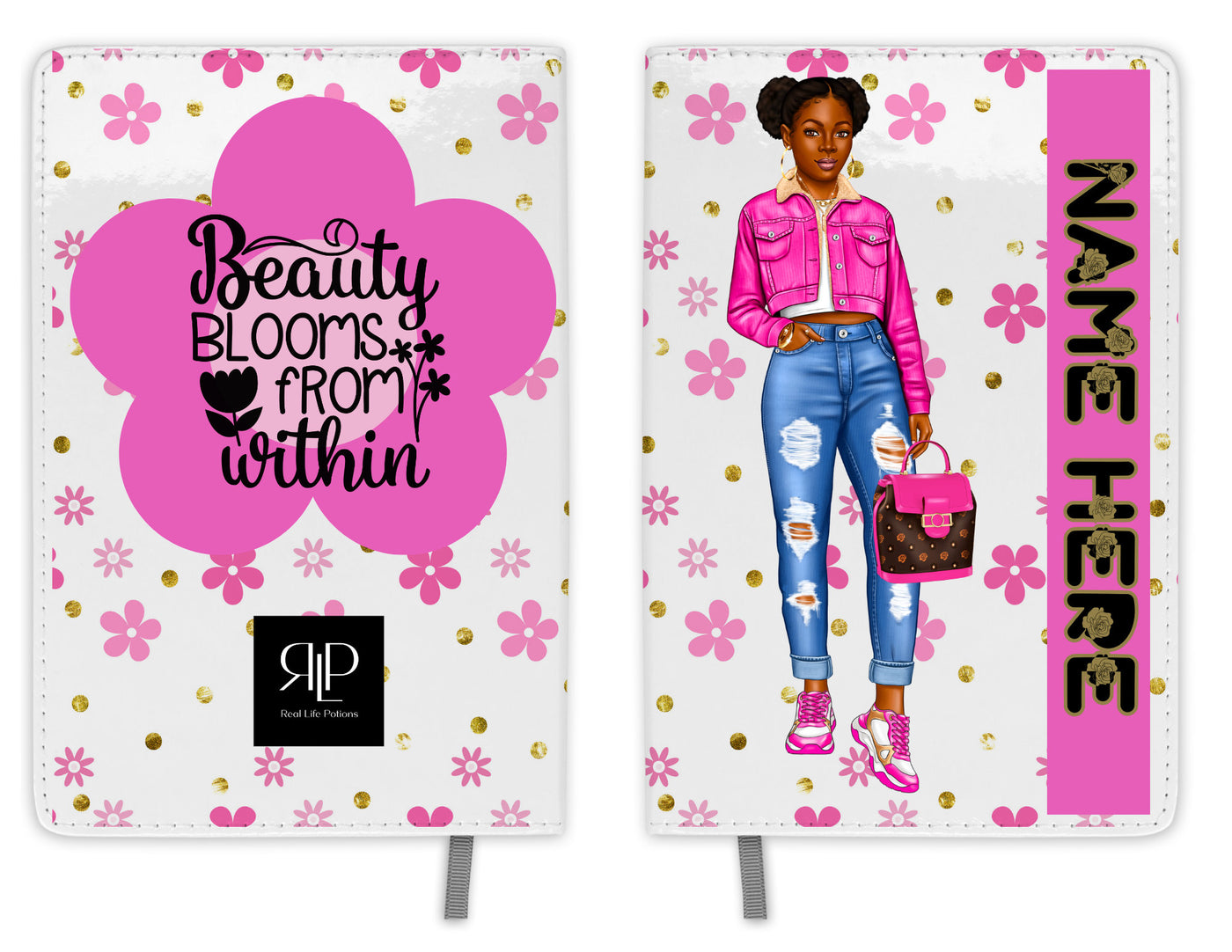 Personalized Journal Set for Black Teen Girls with Pink Flower Print with Pony Tails