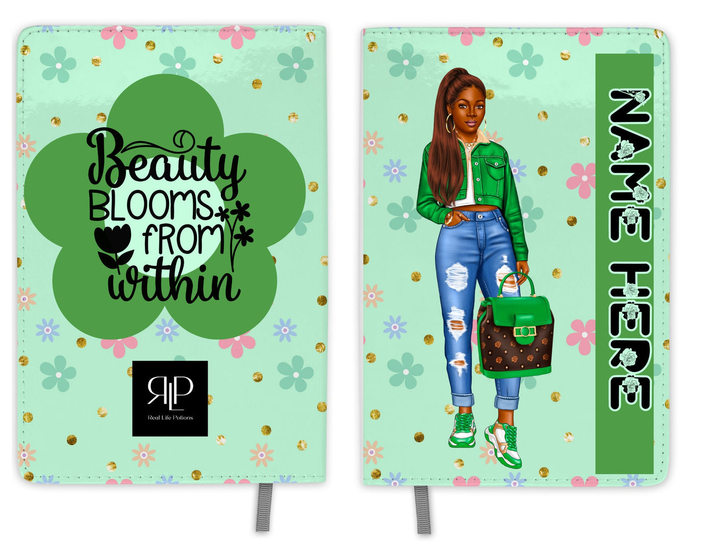 Personalized Journal Set for Black Teen Girls with Green Flower Print with Pony Tails