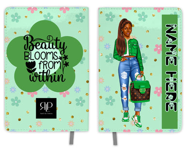 Personalized Journal Set for Black Teen Girls with Green Flower Print with Pony Tails